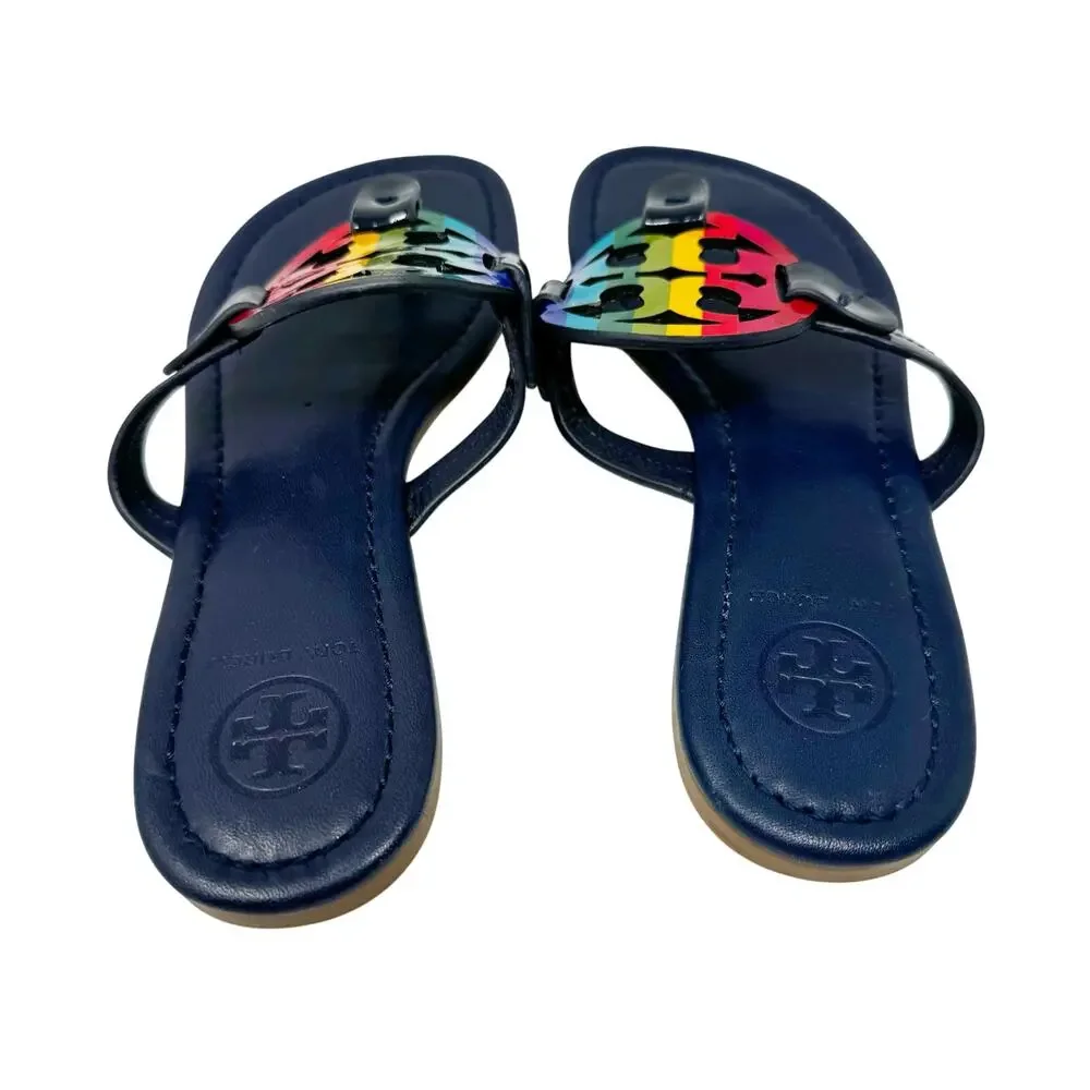 TORY BURCH Navy Blue Rainbow Stripe Miller Logo Patent Leather Sandals Size 6.5